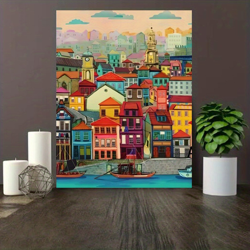 1pc Colorful Houses Waterside Canvas Wall Art Home Decor Vibrant ...