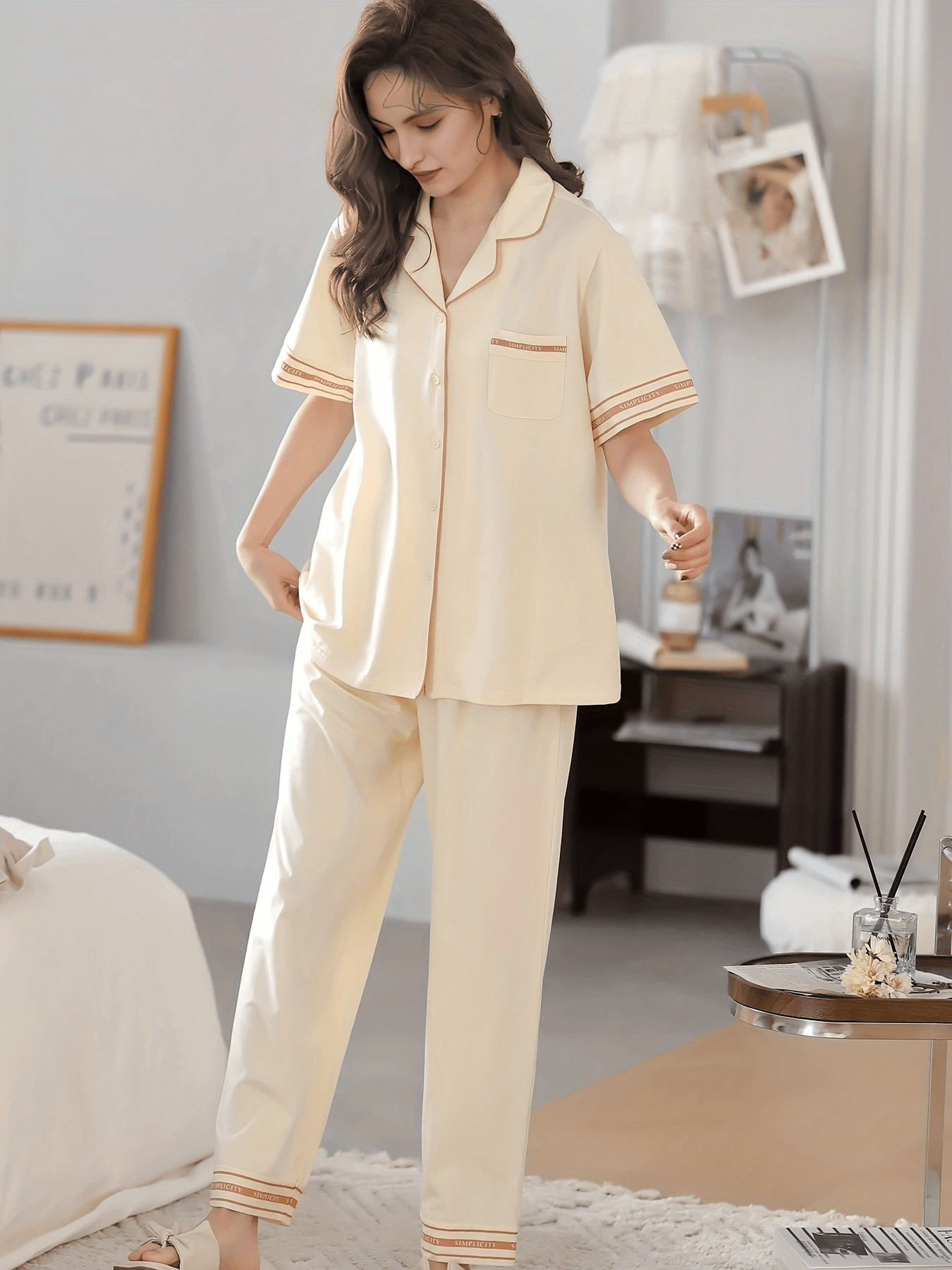 Womens Satin Pajamas- Pajama Set Sexy Korean Style Long Sleeve Striped  Lapels With Button Front 