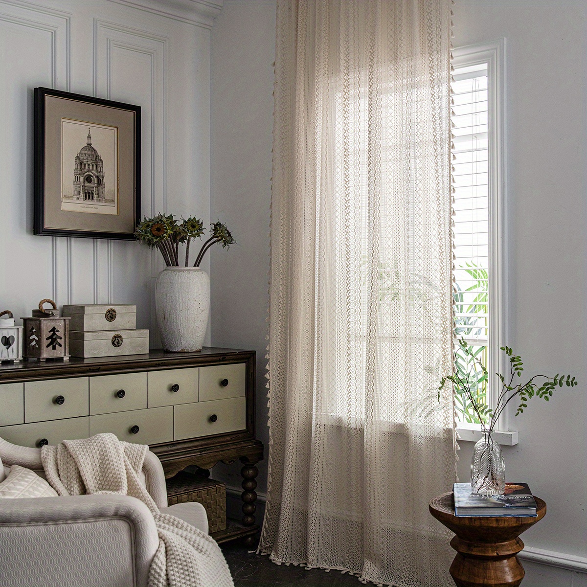 Image of Vintage Style Curtain, Light-filtering Hollow-out Room, Bedroom, And Balcony - Machine Washable Polyester Lace Sheer, 1pc