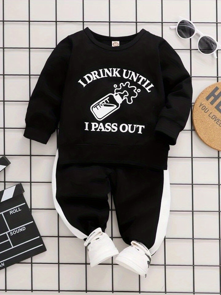 baby cute casual outfit bottle letter print funny long sleeve pullover top long pants set details 0