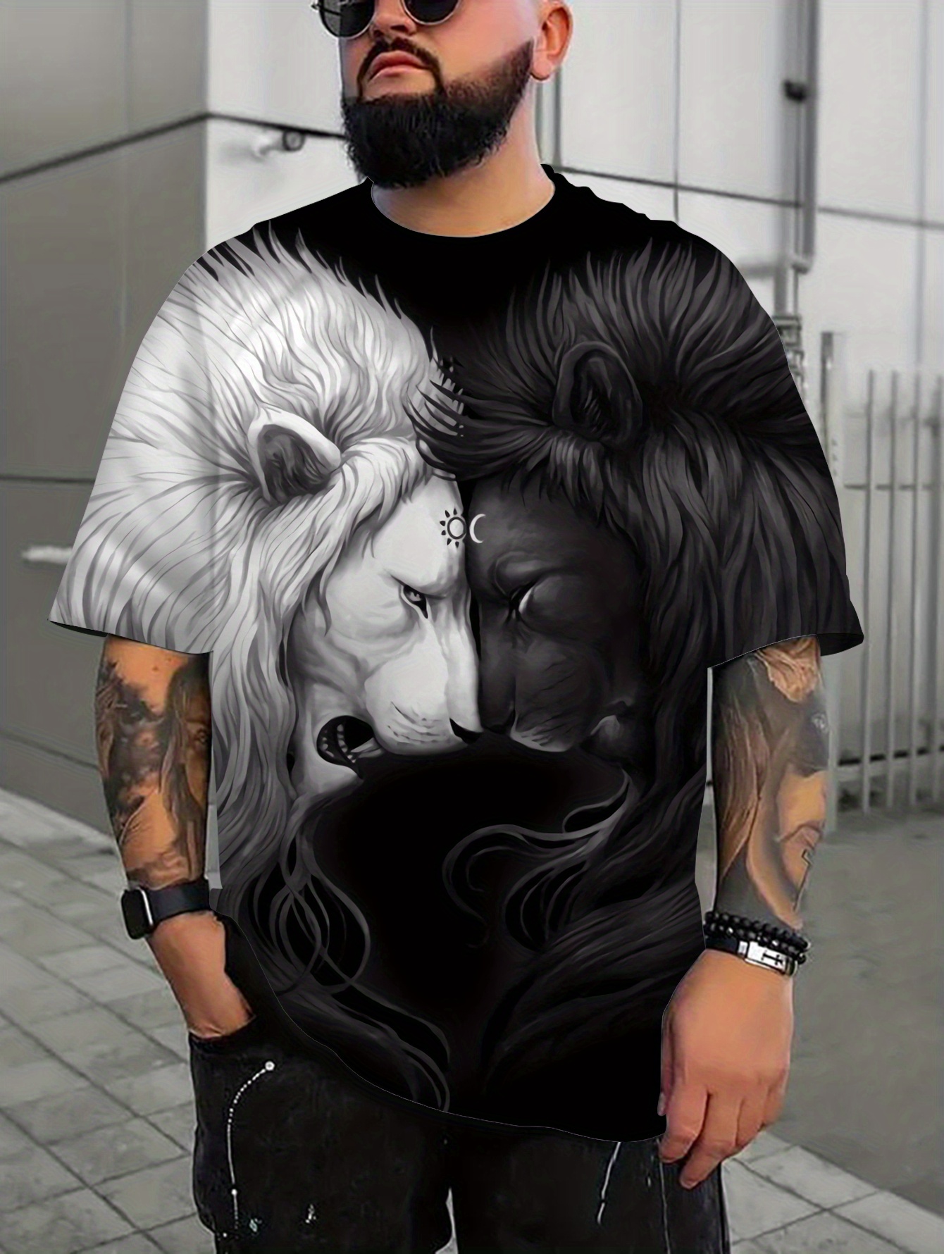 White And Black Lions 3d Print, Men's Trendy Graphic Long Sleeve T