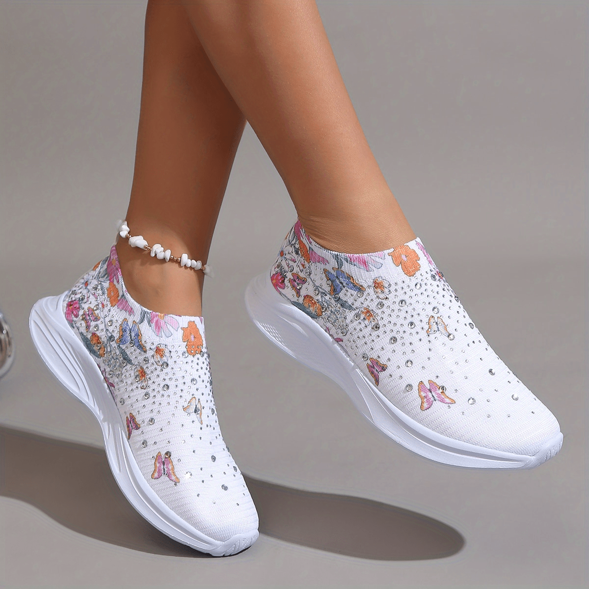 Women's Rhinestone Sock Sneakers Comfy Solid Slip Running - Temu