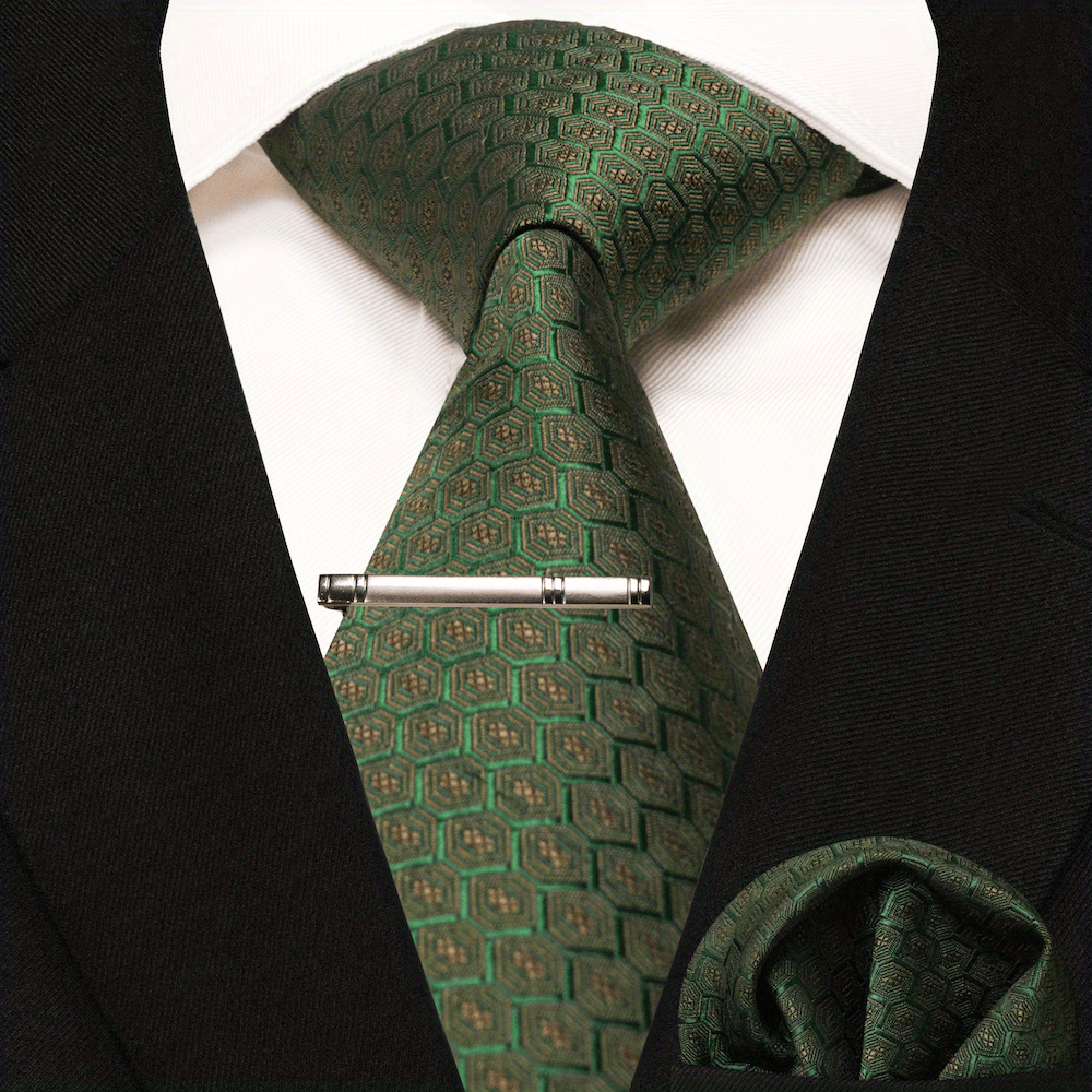 3pcs Dot Plaid Tie & Pocket Square Set w/ Tie Clip - Party & Business Men