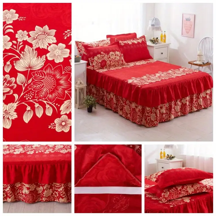 3pcs macrame bed skirt set flower printed all seasons universal non slip bedding set bed skirt 1 pillowcase 2 without core details 0