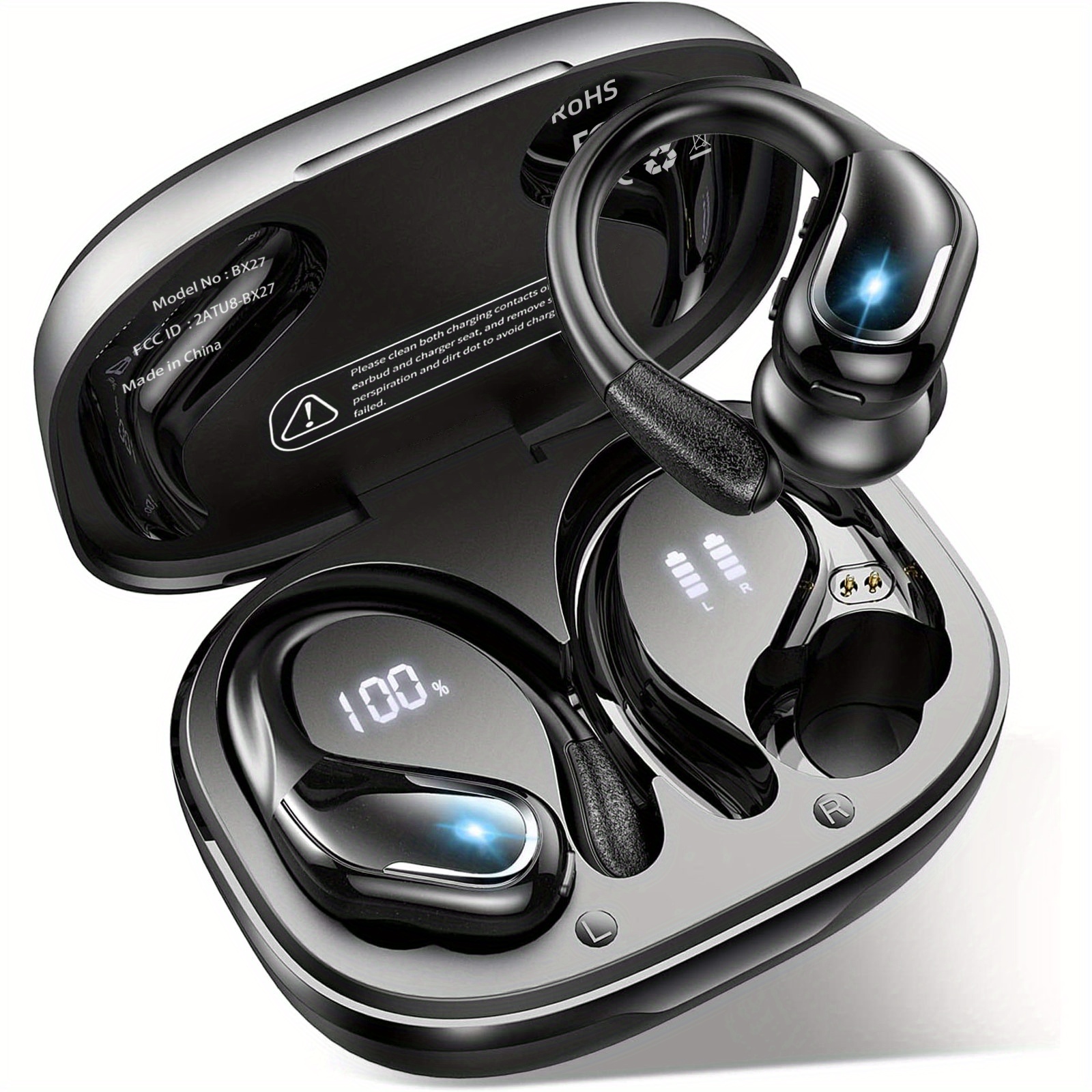 Auriculares inalámbricos Bluetooth de 48 horas, auriculares deportivos con  pantalla LED sobre las orejas con ganchos para las orejas, auriculares de
