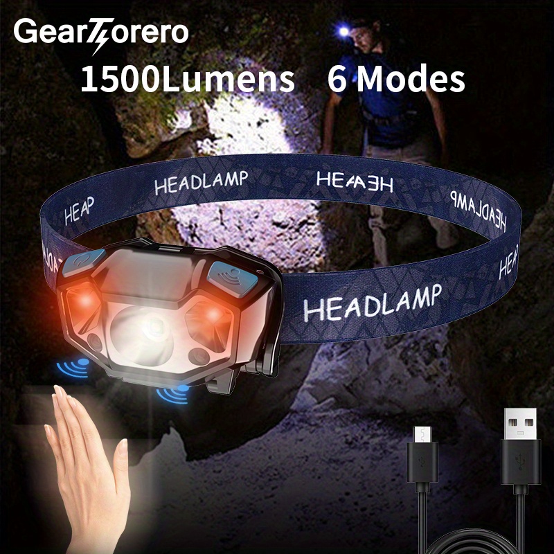 1pc Lighting Modes 1500 Lumen Headlamp Super Bright Long Battery Life Head  Lamp With Motion Sensor Rechargeable Waterproof Led Head Light With White  Red Light For Hunting Fishing Running Reading Outdoor
