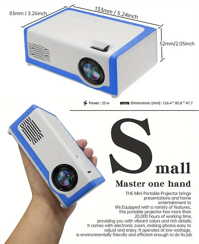 mini portable projector home theater outdoor video projector compatible with smartphone laptop hdmi usb sd card etc white and blue details 2