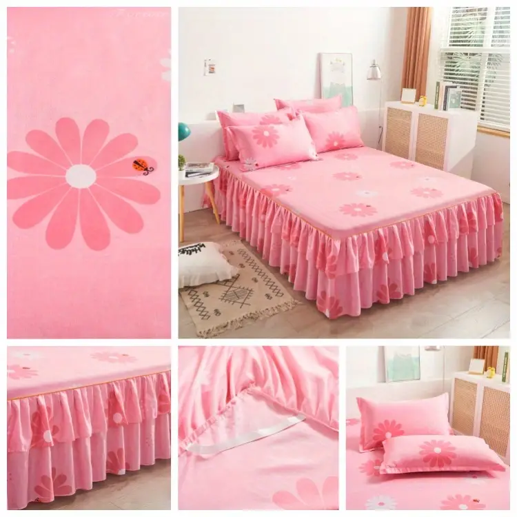 3pcs macrame bed skirt set flower printed all seasons universal non slip bedding set bed skirt 1 pillowcase 2 without core details 1