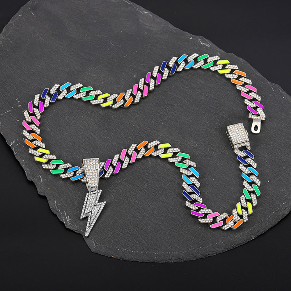 Iced Out Lightning Pendant Necklace With Colorful Cuban Link Chain