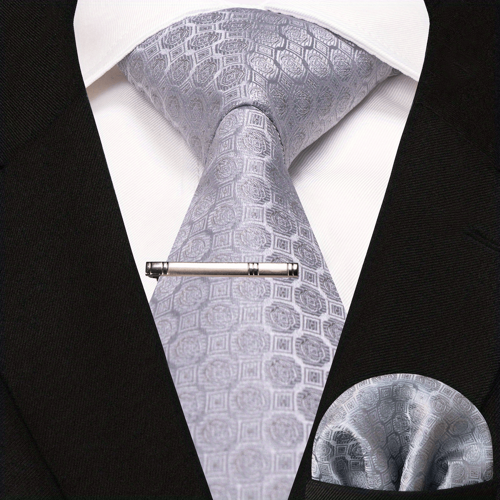 3pcs Dot Plaid Tie & Pocket Square Set w/ Tie Clip - Party & Business Men