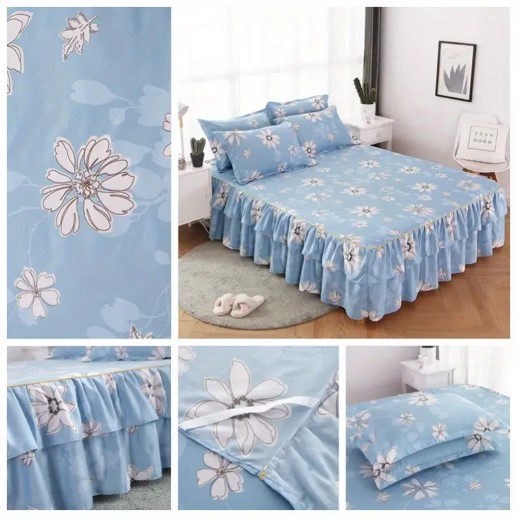 3pcs macrame bed skirt set flower printed all seasons universal non slip bedding set bed skirt 1 pillowcase 2 without core details 2