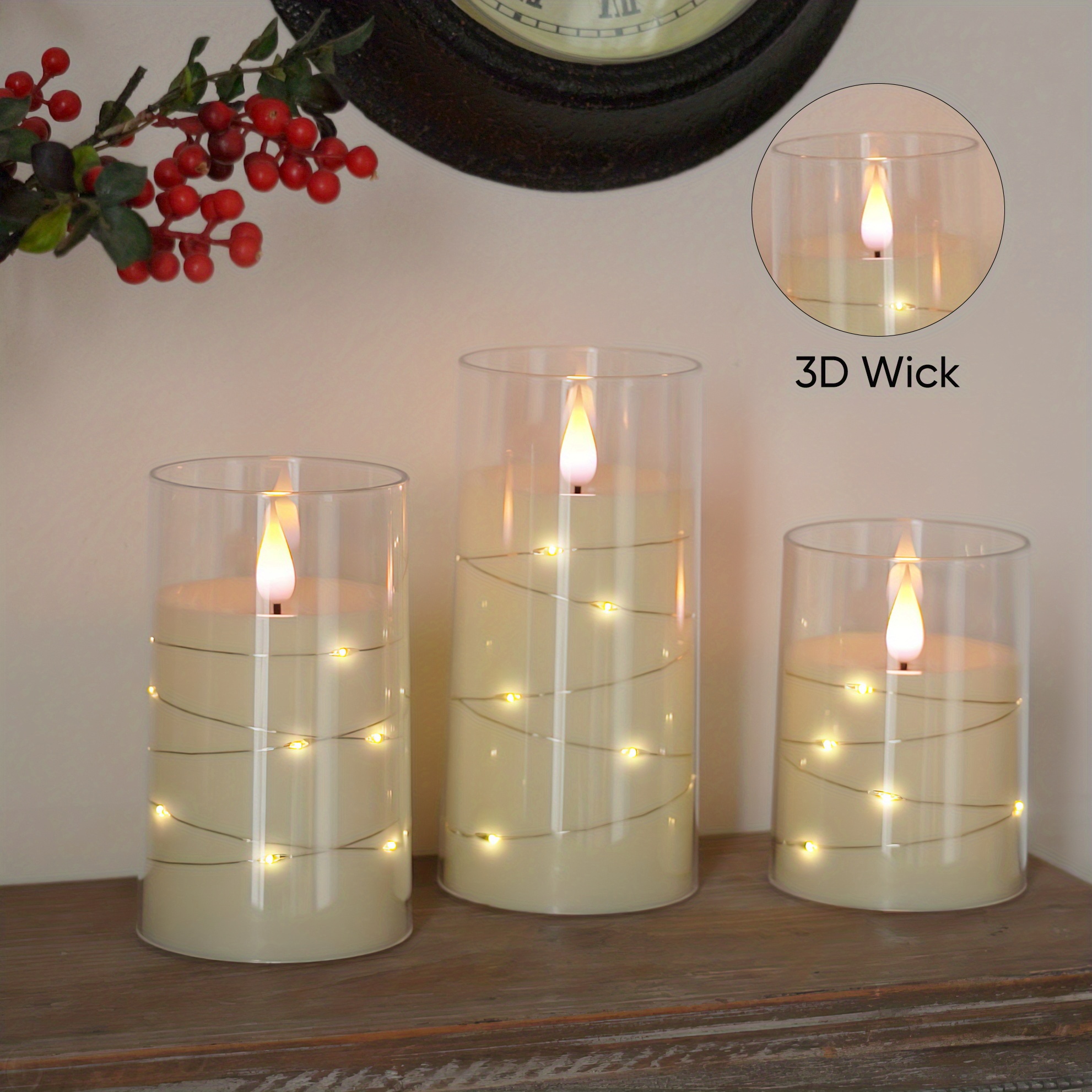 3pcs Flickering Flameless Candles With String Lights, Embedded String Lights LED Candles With Remote, Battery Operated Candles, Unbreakable Candles, I_voghion.com