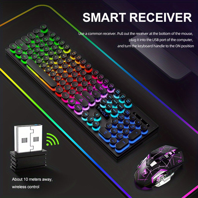  Wireless Gaming Keyboard and Mouse with Rainbow LED 16RGB  Backlit Rechargeable 4800mAh Battery Metal Panel Mechanical Ergonomic Feel  Waterproof Dustproof 7 Color Mute Mice for Laptop PC Gamer(Black) : Video  Games