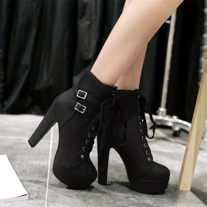 womens solid color block heeled boots fashion lace up short boots comfortable ankle boots