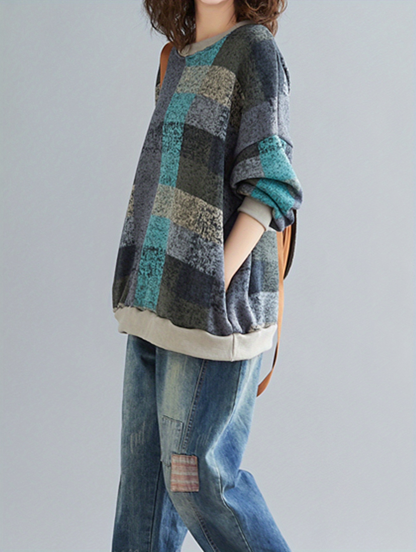 Plus Size Plaid Half Snap Long Sleeve Sweatshirt | Casual Polyester Sweatshirt