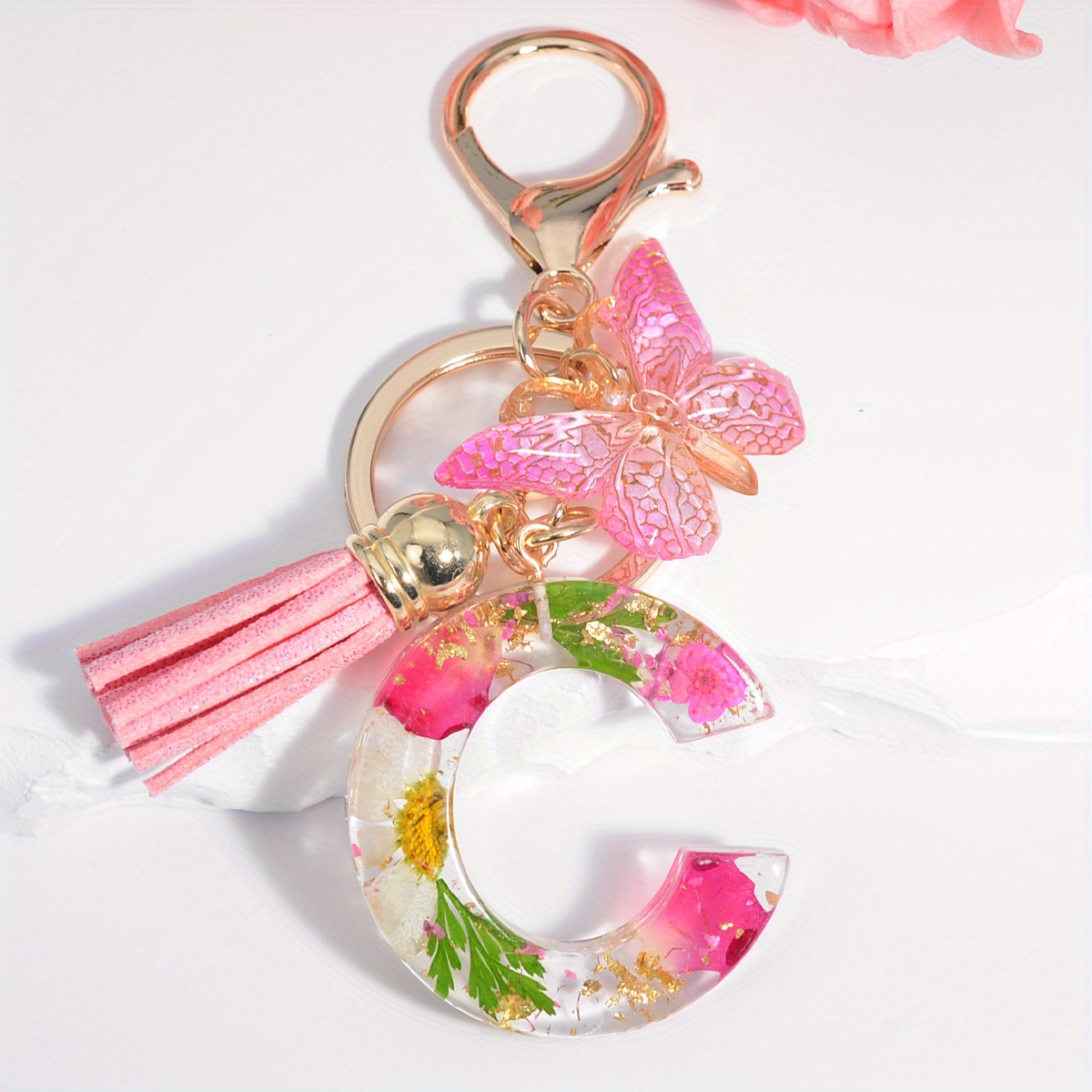 initial letter keychain dried flower alphabet butterfly keychain purse bag backpack car key charm women girls gift resin tkc 059 c 10