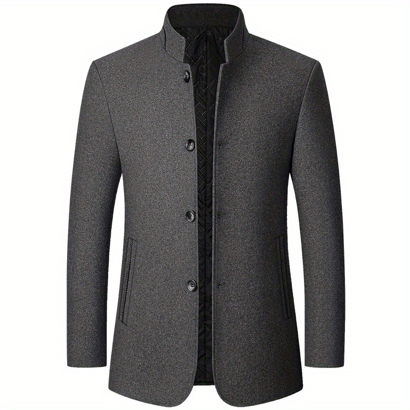 Warm Wool Blend Jacket Coat, Men's Casual Stand Collar One