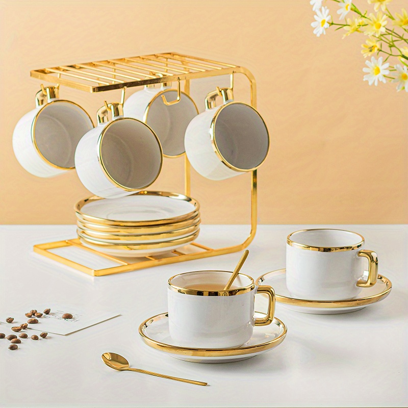 European Luxury Coffee Cup Plate Set Ceramic Breakfast Tray With Spoon Gold  Deposit Marble Afternoon Tea Mug Kitchen Drinking