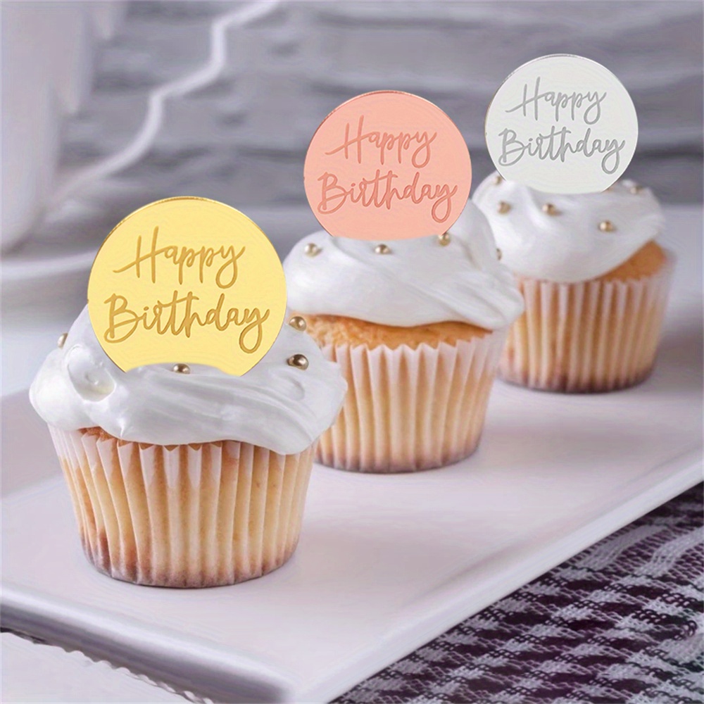 Happy Birthday Cupcake Toppers Golden Acrylic Circle Dessert Temu