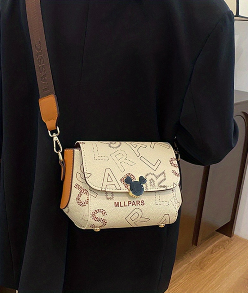 Letter Print Square Handbag, Faux Leather Flap Purse, Women's Buckle Decor  Crossbody Bag - Temu