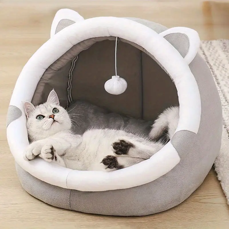 cute cartoon ear decor cat bed pet house kitten cave cushion small cat tent pet plush warm tent house details 0