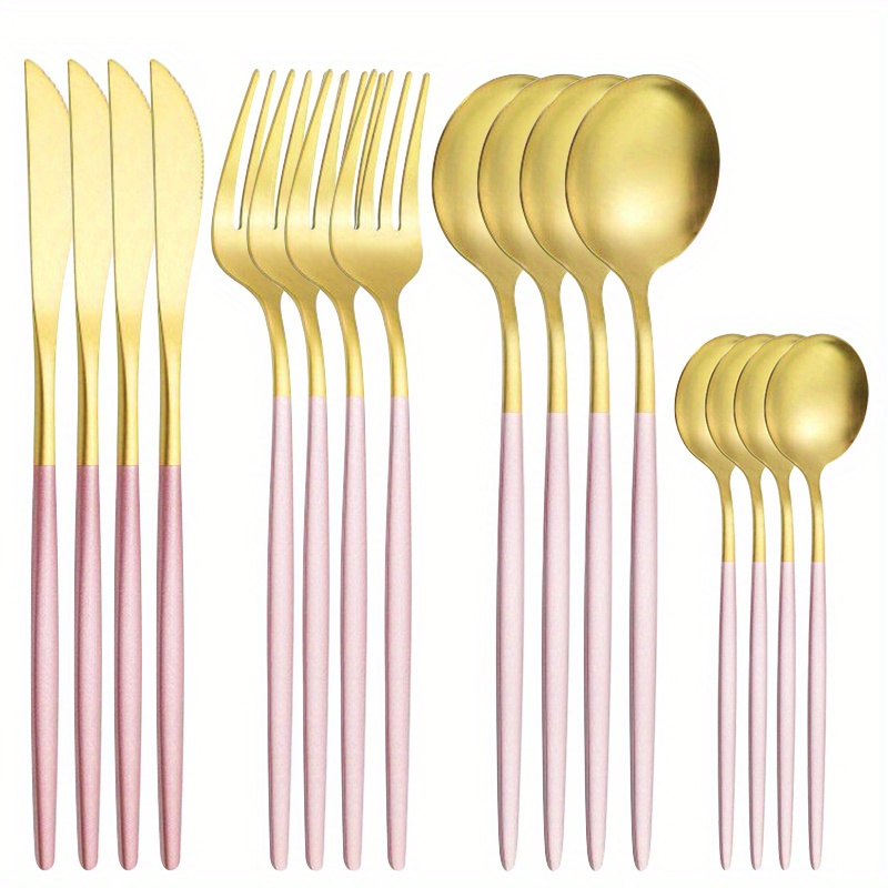 16Pcs Pink Gold Dinnerware Set Dinner Knife Fork Small Spoon Tableware  Cutlery Stainless Steel Flatware Home Kitchen Silverware - AliExpress