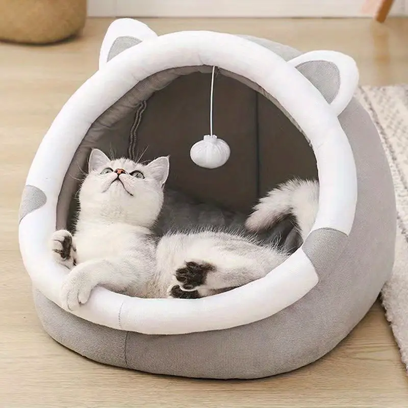 cute cartoon ear decor cat bed pet house kitten cave cushion small cat tent pet plush warm tent house details 1