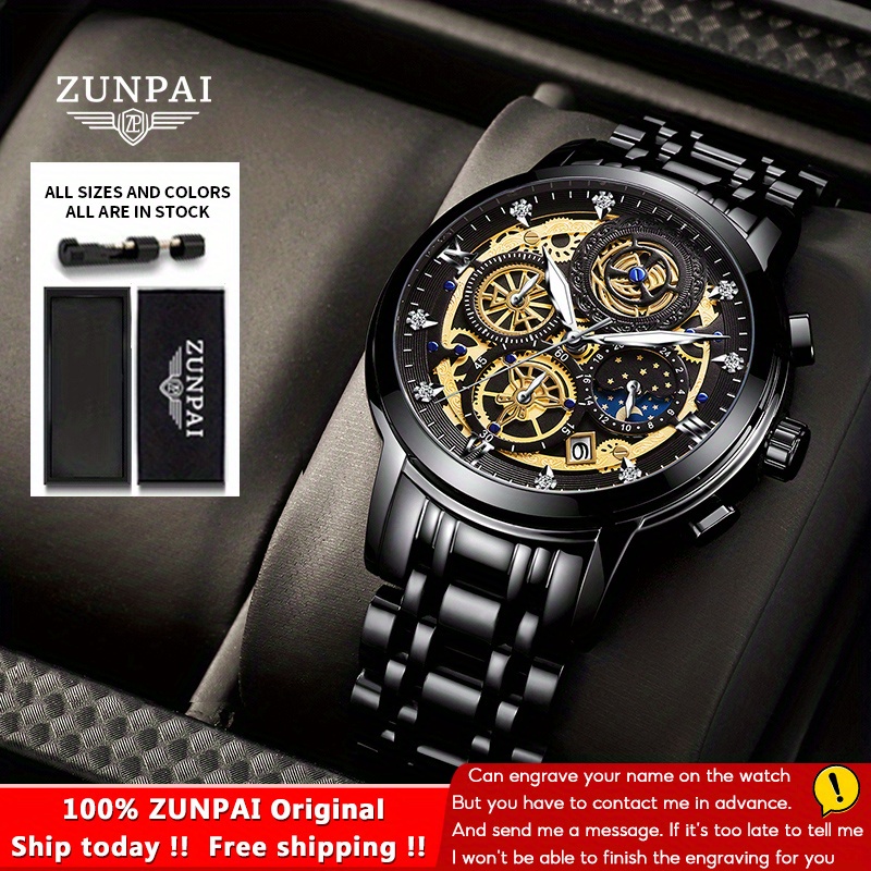 Zunpai Men's Watch Waterproof Stainless Steel Silvery/golden - Temu