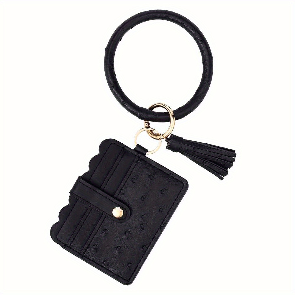 Pu Leather Wristband Keychain Pendant Solid Color Woven Pocket