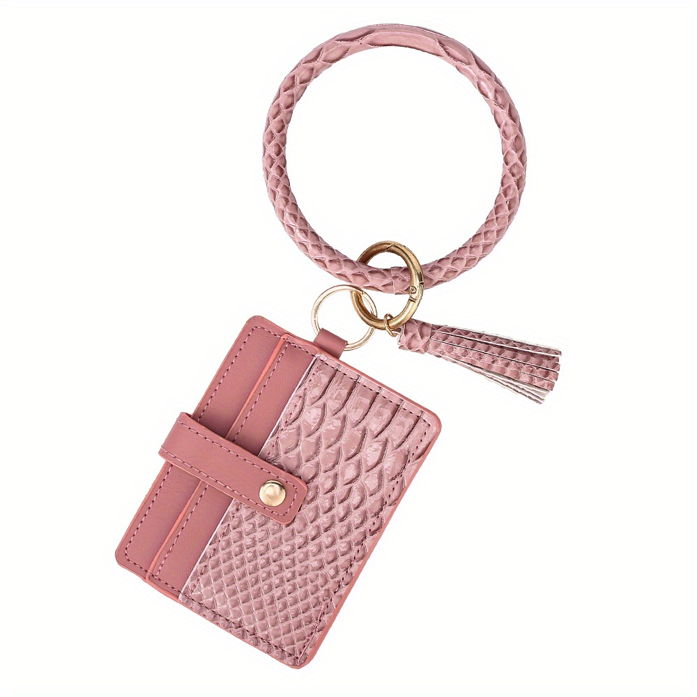 Pu Leather Wristband Keychain Pendant Solid Color Woven Pocket