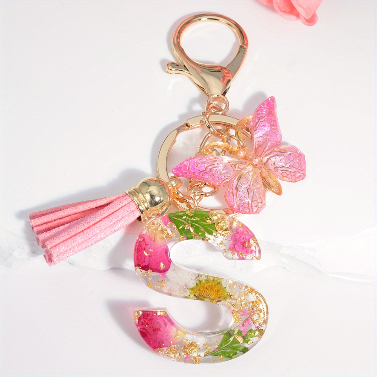 initial letter keychain dried flower alphabet butterfly keychain purse bag backpack car key charm women girls gift resin tkc 059 s 17