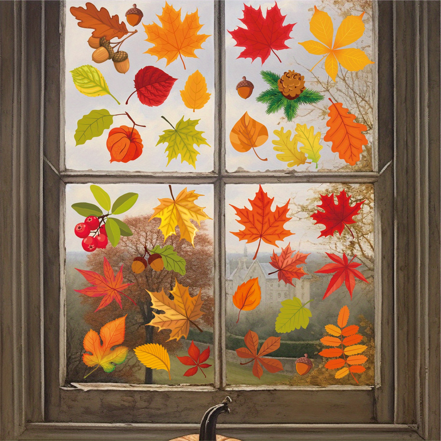 6sheets 64pcs autumn maple leaf electrostatic window stickers bedroom living room window decoration thanksgiving   decoration details 2