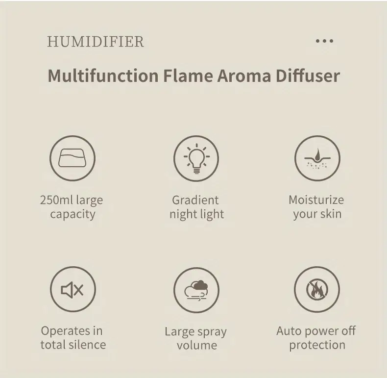 1pc colorful flame humidifier with night lights aroma diffuser air purifier and  oil machine details 2