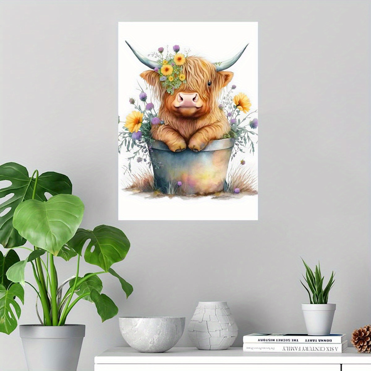 Highland Cow With Flower Canvas Print Wall Art Painting Wall - Temu