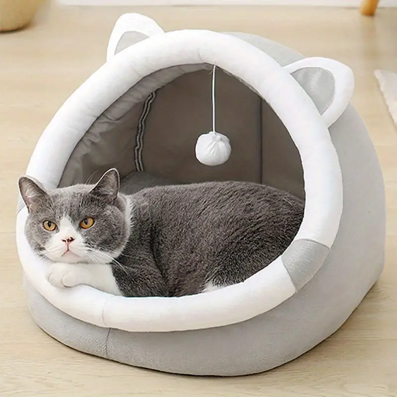 cute cartoon ear decor cat bed pet house kitten cave cushion small cat tent pet plush warm tent house details 2