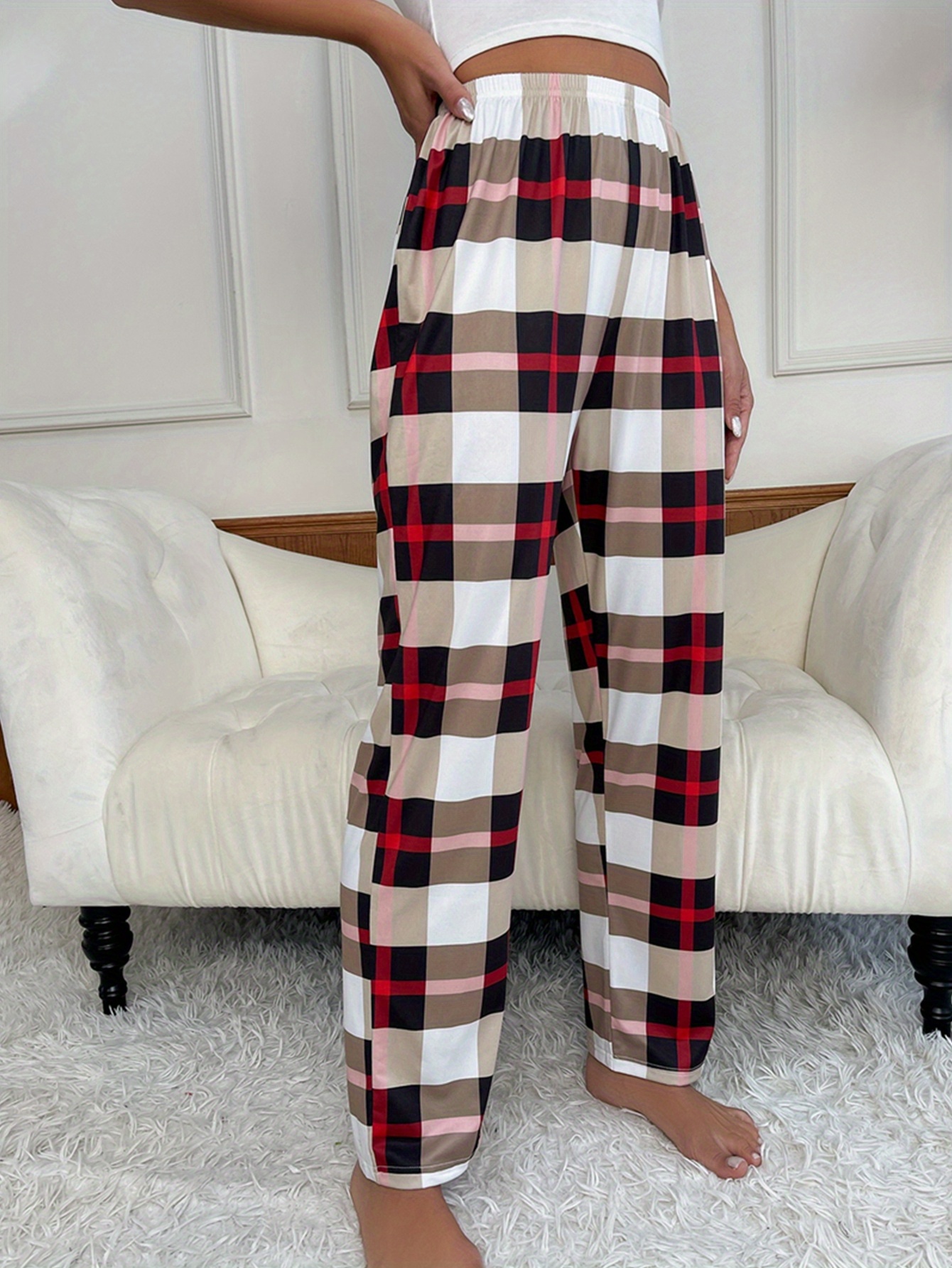 Plaid Print Sleep Bottoms Casual Cozy Home Sleep Pants - Temu