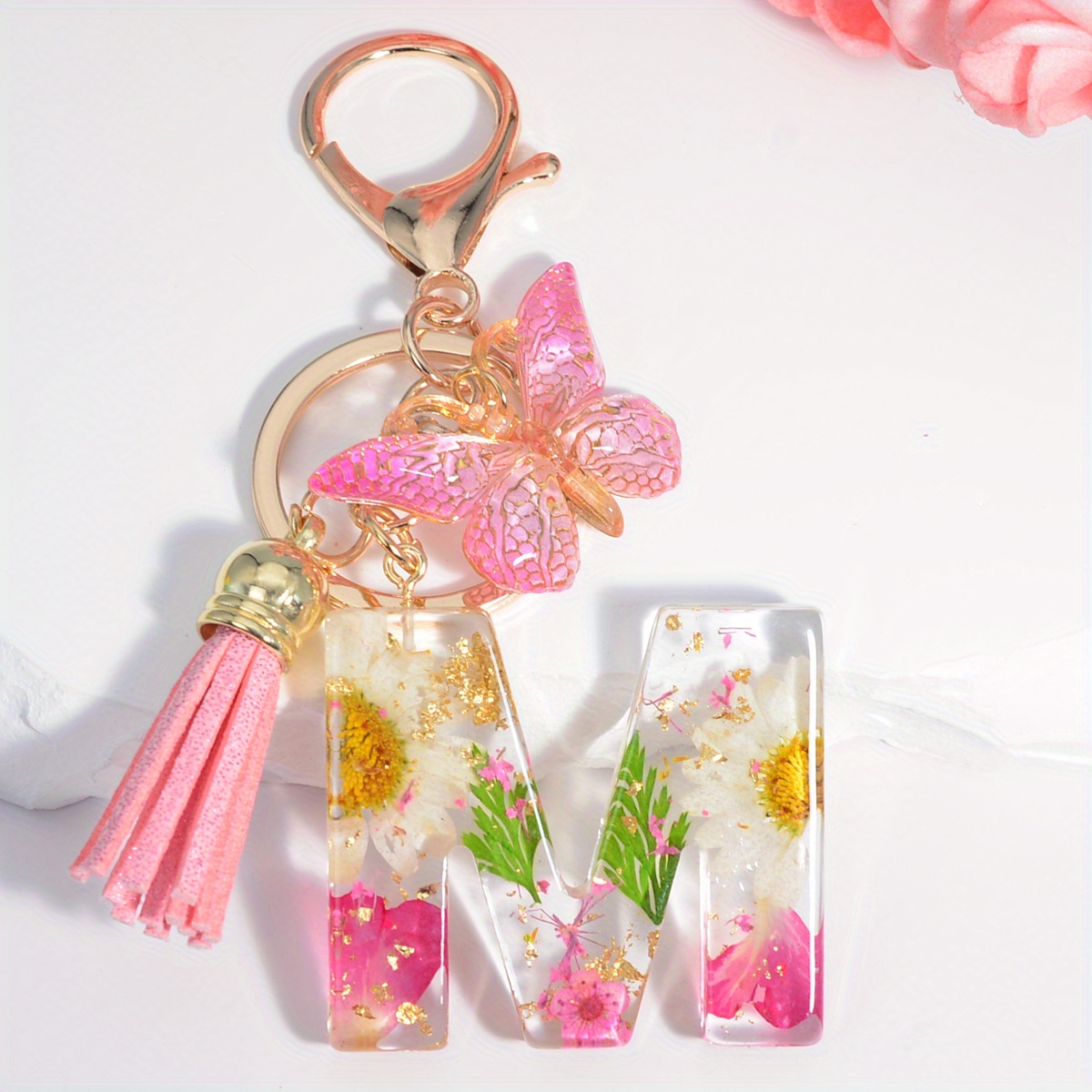 initial letter keychain dried flower alphabet butterfly keychain purse bag backpack car key charm women girls gift resin tkc 059 m 14