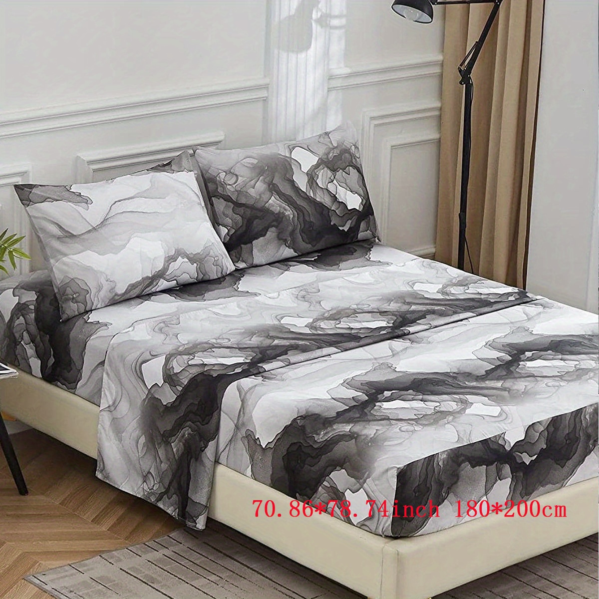 4pcs soft and breathable ink fluid painting bedding set for bedroom guest room hotel and dorm includes 1 flat sheet 1 fitted sheet and 2 pillowcases core free