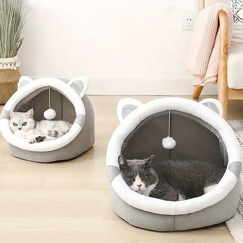 cute cartoon ear decor cat bed pet house kitten cave cushion small cat tent pet plush warm tent house details 3