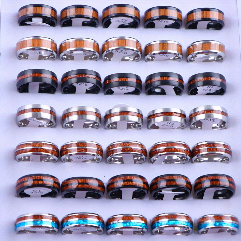 Image of 20pcs/lot Vintage Wood Stainless Steel Finger Rings For Men Women Polished Durable Gift