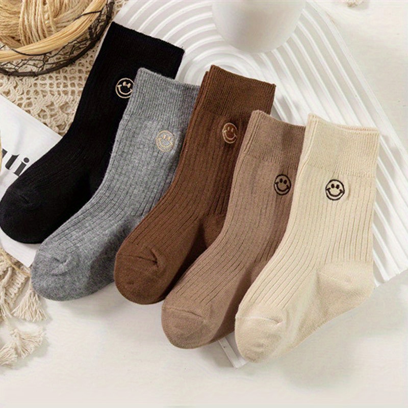 Image of 5 Pairs ' Mid-calf Socks - Thickened , Soft Breathable Fabric With Cute Cartoon Embroidery, Solid Color Unisex Socks For , Hand Wash Only, Socks, Wear, Footwear, Embroidered Design, Durable Wear