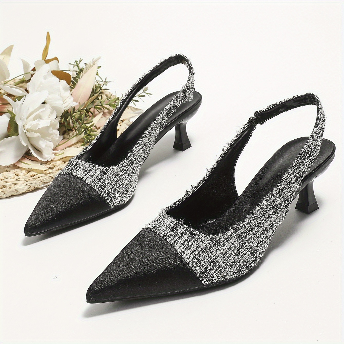 Chanel Grey Tweed and Patent Cap Toe Slingback Pumps Size 37