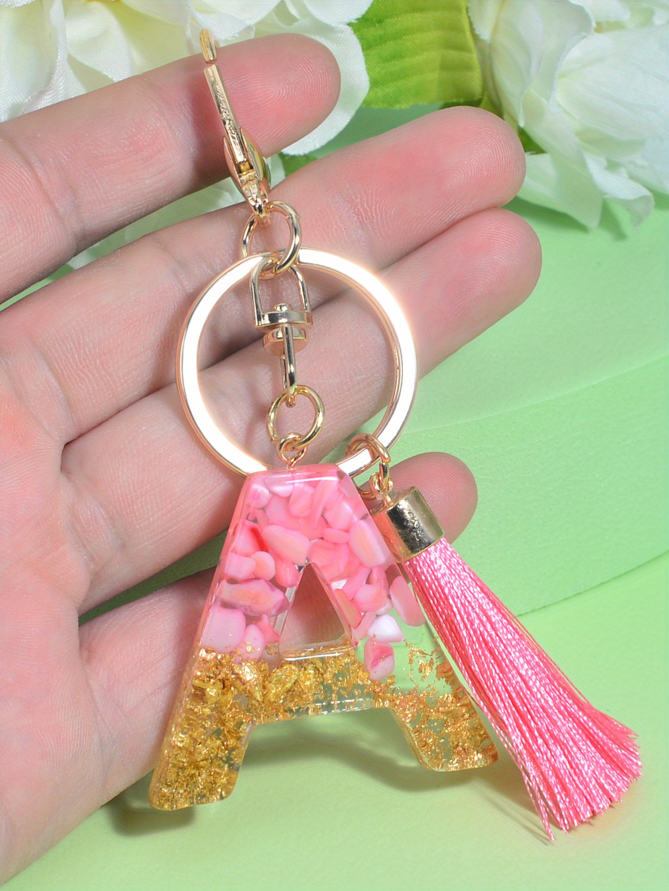 1pc Resin English Letter Shape Keychain Pendant with Tassel Bag Ornament Key Ring,Temu