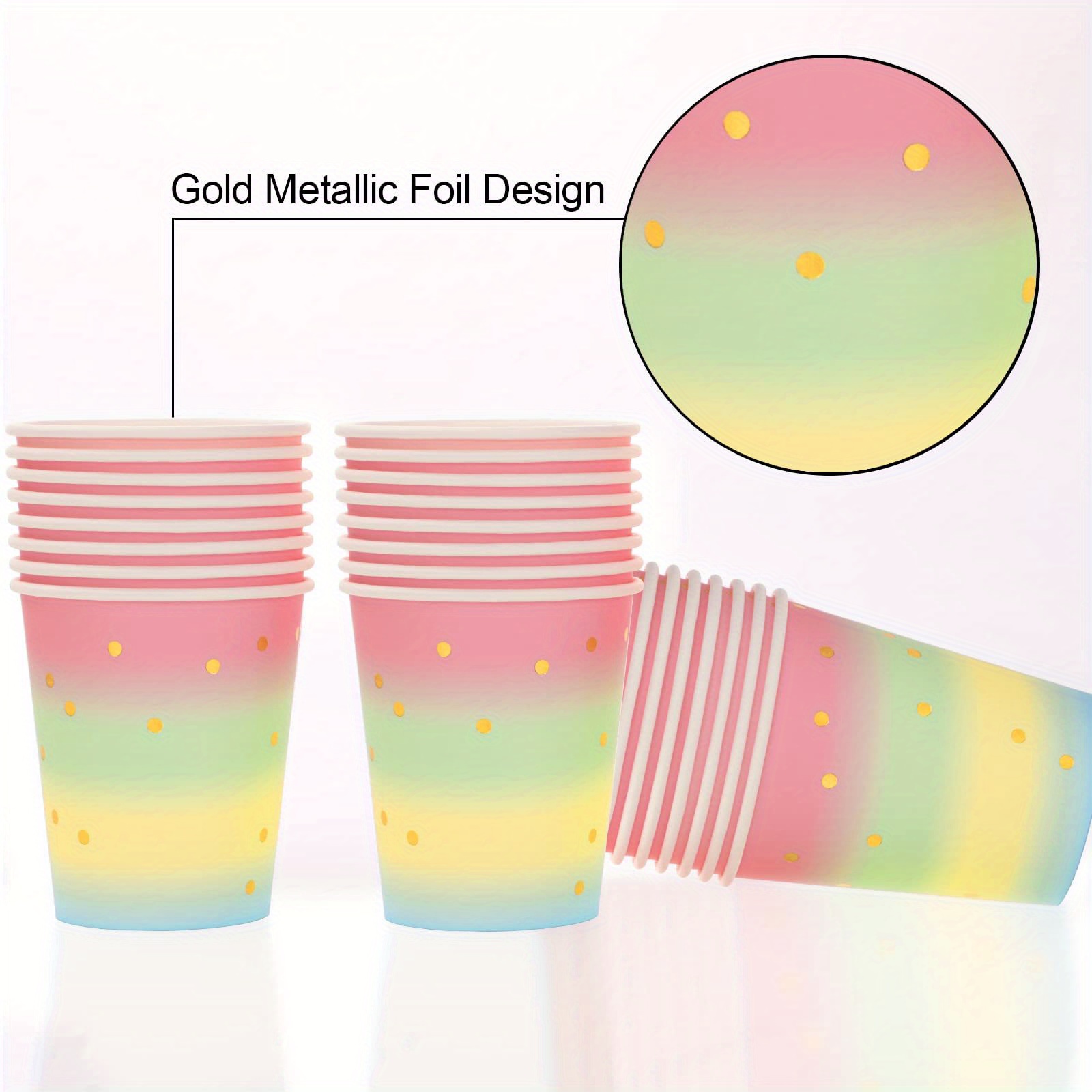 Rainbow Pastel Party Decorations, Gold Foil Happy Birthday Plates