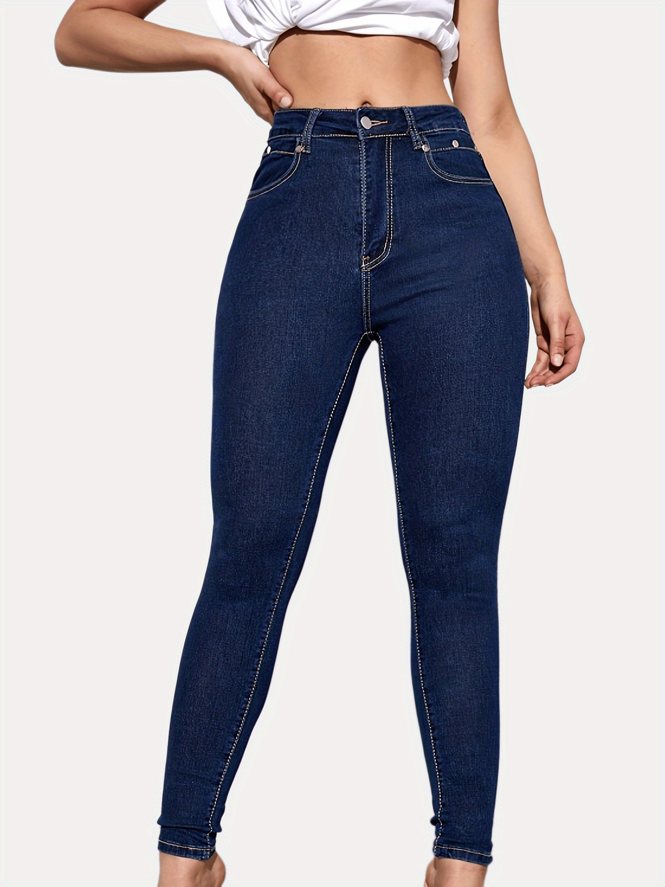 Deep Blue Stretchy High Waist Denim Pants, Slash Pocket Sexy Classic Skinny  Jeans, Women's Denim Jeans & Clothing