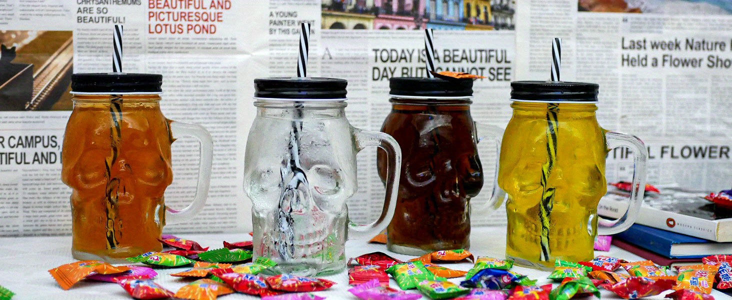 Skull Punk Style Glass Mason Jar With Handles Lid And Straw - Temu