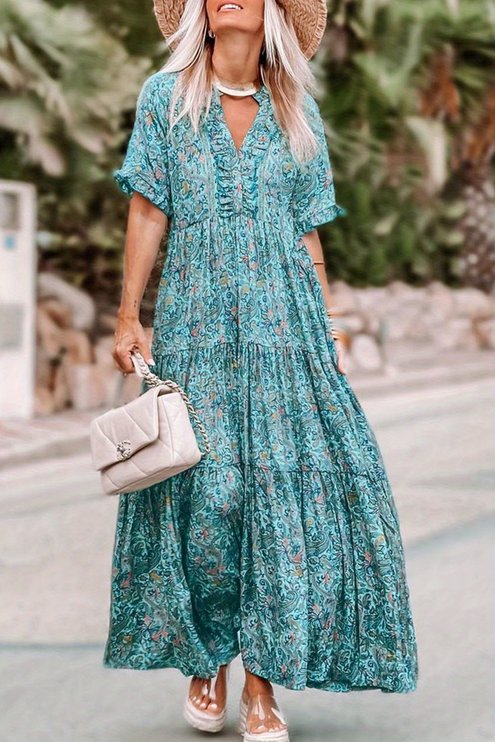 Drawstring Boho Paisley Printed V-Neck Bishop Sleeved Mini Dress