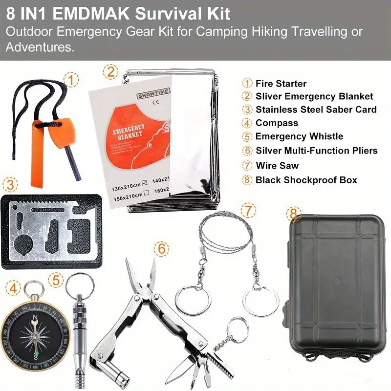 Wilderness Survival Kit Essential Tools For Camping Hiking And Travel  Includes First Aid Supplies And Self Rescue Tools - Sports & Outdoors - Temu