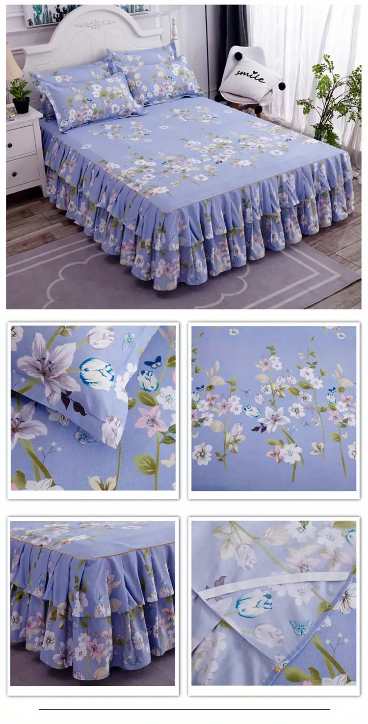 3pcs pleated macrame bed skirt set love flower printed all seasons universal non slip bedding set machine washable bed skirt 1 pillowcase 2 without core details 2
