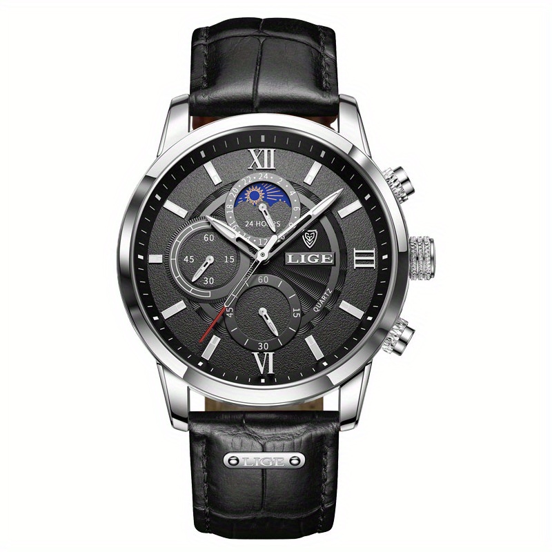 LIGE Men Watches Leather Waterproof Luminous Quartz Wristwatch